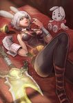  animal_ears battle_bunny_riven breasts broken broken_sword broken_weapon bunny_ears bunny_girl bunnysuit carrot chocolate_on_breasts cleavage cup detached_collar fake_animal_ears gloves goomrrat large_breasts league_of_legends looking_at_viewer lying necktie on_back pantyhose riven_(league_of_legends) short_hair silver_hair single_glove solo stuffed_animal stuffed_bunny stuffed_toy sword weapon yellow_eyes 