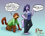  &lt;3 anthro blue_eyes breasts brown_fur cat cleavage clothed clothing comic domination english_text feline female female_domination fluffy_tail fur humor johnathan_ponikavar male mammal peter peter_and_company peterandcompany purple_fur text whitney worship yellow_eyes 