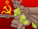  anus bat breasts butt fangs female hammer_and_sickle looking_at_viewer mammal nipples nude outlandish_studios pinup pose pussy realistic_wings russia solo soviet_union wings 