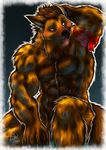  abs ada_oz anthro arm_behind_head biceps big_muscles black_nose body_markings brown_fur brown_hair chest_tuft claws flexing fur gnoll hair hyena male mammal markings muscles nude paws pecs pose red_eyes sitting solo spots spotted tan_fur toned tongue tongue_out tuft yuetu 