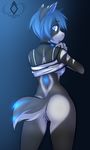  blue_eyes blue_hair bra clothed clothing equine female hair horse looking_back mammal neomi pony pussy short_hair solo standing underwear undressing yuurikin 