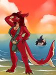  ambiguous_gender anthro armpits black_hair breasts bulge claws cloud dickgirl digitigrade duo ear_piercing fake_fin fish hair hand_behind_head hand_on_hip intersex keishinkae long_hair looking_at_viewer marine non-mammal_breasts outside piercing red_body red_hair red_skin seaside shark slit_pupils smile standing sunset swimsuit tan_skin toe_claws water wet white_skin 