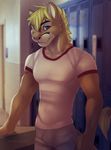  anthro blonde_hair blue_eyes clothing cougar feline hair hybrid koul lion lockers male mammal smile solo 