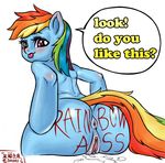  anthro anthrofied anus archeryves blue_fur blush butt daimo english_text equine female friendship_is_magic fur hair horse mammal multi-colored_hair my_little_pony plain_background pony purple_eyes pussy pussy_juice rainbow_dash_(mlp) rainbow_hair sitting solo text tongue white_background 