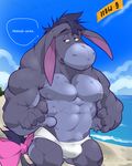  anthro beach biceps big_muscles bow bulge dialog donkey e-w01f eeyore equine fur grey_fur male mammal muscles nipples pecs pose sand sea seaside solo speedo standing swimsuit text thong topless water winnie_the_pooh_(franchise) 