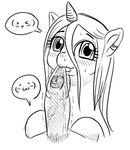  black_and_white blush daimo equine erection female feral horn horse male mammal monochrome my_little_pony oral oral_sex penis pony sex straight sweat uncut vein 