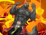  abstract_background amber_eyes anthro biceps big_muscles black_fur black_nose canine captainjohkid claws clothing flexing frown fur grey_body grey_fur male mammal muscles necklace orange_eyes pecs pose shorts solo standing toned topless were werewolf white_fur wolf 