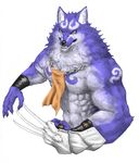  anthro armor biceps big_muscles black_nose blue_fur body_markings canine captainjohkid claws fangs fur grey_fur male mammal markings multicolor_fur muscles necklace pecs plain_background pose purple_eyes solo standing teeth toned topless two_tone_fur weapon were werewolf white_background wristband 