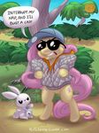  angel_(mlp) bottomless bushes chain clock clothed clothing cutie_mark dialog duo english_text equine eyewear female feral fluttershy_(mlp) friendship_is_magic fur grass hair half-dressed hat hi_res horse jacket lagomorph long_hair male mammal mane my_little_pony onetrickpony open_mouth outside pink_hair pony rabbit shaded sky sunglasses teeth text tree white_fur yellow_fur 