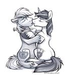  big_macintosh_(mlp) black_and_white couple cutie_mark duo equine feral freckles friendship_is_magic gay greyscale horn horse hug kissing male mammal monochrome my_little_pony plain_background pony shining_armor_(mlp) sitting sophiecabra unicorn white_background 