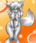  areola big_breasts blue_eyes breasts cat chest_tuft dullvivid feline female fur grey_fur grey_hair hair long_hair mammal navel nipples nude open_mouth shiny_boobs solo standing tongue tuft wide_hips 