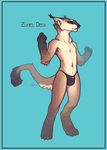  anthro barefoot blue_background borelian bulge clothing ear_piercing male markings orange_eyes paws piercing plain_background snowskau socks_(marking) solo text thong topless unknown_species zuriel_beck 