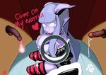 blue_hair breasts cavalry_(artist) cleavage clothed clothing condom cum draenei english_text female filled_condom glory_hole hair horn legwear lips purple_skin stockings text video_games warcraft world_of_warcraft 
