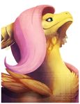  feathers female fluttershy_(mlp) friendship_is_magic furred_dragon hair ius-iuris my_little_pony pink_hair solo wings yellow_feathers 