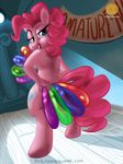  anthro anthrofied back_turned balloons banner blue_eyes breasts cutie_mark english_text equine female friendship_is_magic fur hair half-closed_eyes hi_res horse inside looking_at_viewer looking_back mammal my_little_pony nude onetrickpony open_mouth pink_fur pink_hair pinkie_pie_(mlp) pony shaded side_boob smile solo teeth text 