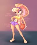  anthro basket_ball basketball big_breasts blonde_hair blue_eyes breasts cleavage clothed clothing female hair lagomorph lola_bunny looking_at_viewer loony_toons mammal navel rabbit sif smile solo space_jam warner_brothers 