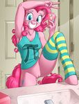  anthro anthrofied blue_eyes bottomless breasts brian_mcpherson cleavage clothed clothing cutie_mark equine equine_legs female friendship_is_magic fur hair happy horse legwear mammal my_little_pony phone pi pink_fur pink_hair pinkie_pie_(mlp) pony pose pussy selfie smile solo stockings 