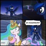  blue_eyes box comic crown donuts doughnut doughnuts eating equine female flying friendship_is_magic glowing glowing_eyes gold hair horse levitation magic mammal moon multi-colored_hair my_little_pony necklace night outside pony princess_celestia_(mlp) princess_luna_(mlp) purple_eyes sibling sisters sky uotapo upset white_eyes 