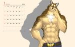 anthro belt biceps big_muscles black_nose brown_fur calendar canine captainjohkid chest_tuft claws clothing fur grin looking_at_viewer male mammal muscles pants pecs pose smile solo standing tan_fur toned topless tuft were werewolf white_fur wolf yellow_eyes 