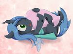  blue_hair changeling cub female feral friendship_is_magic green_eyes hair happy horn hug lying my_little_pony on_back one_eye_closed open_mouth queen_chrysalis_(mlp) solo wings young zokkili 