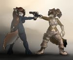  anthro blue_eyes boots breasts camo canine clothed clothing dog_tags female gun mammal military ponytail ranged_weapon weapon 
