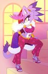  amber_eyes anthro black_nose blaze_the_cat breasts cape cat cleavage clothed clothing ear_piercing feline female fur hair hat heels hindpaw inside mammal navel navel_piercing pants paws piercing pose purple_fur purple_hair ring scificat sega short_hair solo sonic_(series) standing white_fur 