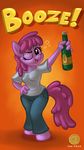  2014 alcohol anthro anthrofied berry_punch_(mlp) beverage bottle champagne clothed clothing drunk english_text equine female friendship_is_magic fur hair hi_res horse jeans looking_at_viewer mammal my_little_pony one_eye_closed onetrickpony open_mouth pony purple_eyes purple_fur purple_hair shaded shirt solo text tongue 