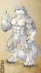  4_toes 5_fingers abs anthro biceps big_muscles black_nipples black_nose black_pawpads blue_eyes canine chest_tuft cinna-tree claws ear_piercing ear_tuft front fur gloves_(marking) grey_fur male mammal markings muscles navel nipples nude pawpads paws pecs piercing pose pubes socks_(marking) solo standing toe_claws toned tuft wolf 