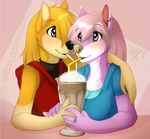  blue_eyes blush breasts canine clothing couple cute duo female hair hand_holding mammal milkshake piercing pink_hair wolf wolflady 