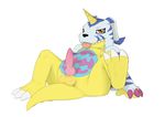  3_toes 4_fingers anthro anus balls barefoot chubby claws cute digimon dreiker erection fur gabumon half-closed_eyes happy hi_res horn knot looking_at_viewer male nude penis plain_background raised_leg sharp_teeth sitting smile solo spread_legs spreading teeth toe_claws tongue tongue_out white_background 