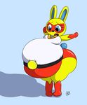  babublue blue_background blue_eyes breasts expansion female lagomorph lipstick mammal mask mira_(animal_crossing) nintendo plain_background rabbit thick_thighs video_games 