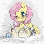  anthro anthrofied big_breasts blush breasts cup equine female fluttershy_(mlp) friendship_is_magic fur gloves hair horse lactating mammal milk mirapony my_little_pony nipples one_eye_closed pegasus pink_hair pony solo wings yellow_fur 