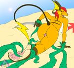  anthro anthrofied big_breasts breasts eyes_closed female fur hair nintendo nude open_mouth outside pawpads paws pirate pok&#233;mon pok&eacute;mon pussy raichu raised_tail red_hair sand sword tentacles tickling tongue video_games watermark weapon yellow_fur zp92 