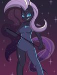  anthro anthrofied black_fur blue_eyes clothing equine female friendship_is_magic fur hair horn horse looking_at_viewer mammal my_little_pony nightmare_rarity_(mlp) pony purple_hair rarity_(mlp) sharp_teeth silentpon3 solo teeth two_tone_hair unicorn whip white_hair 