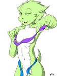  breasts clothed clothing female fur green_eyes green_fur looking_at_viewer navel nude one_eye_closed open_mouth plain_background skimpy small_breasts spicyocean unknown_species white_background wink 
