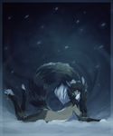  blue_eyes breasts brown_hair canine cold cool_colors female fur hair hioshiru looking_at_viewer lying mammal nude on_stomach outside pose raccoon snow snowing solo stripes tan_fur topazfox 