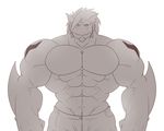  abs anthro biceps big_muscles clothed clothing dragon flammars grin hair horn huge_muscles looking_at_viewer male monochrome muscles pants pecs plain_background pose reptile ripped ryuugon scales scalie smile solo standing toned topless white_background 