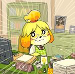  blush canine coffee coffee_cup computer desk dog eyewear female glasses isabelle_(animal_crossing) looking_at_viewer mammal meme nintendo solo video_games 