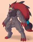 3_fingers 3_toes abs anthro balls barefoot biceps claws fur hair happy headband headgear hi_res impious male manly multi-colored_hair muscles navel nintendo nude pecs penis pok&#233;mon pok&eacute;mon ponytail sharp_claws smile solo standing thick_thighs toe_claws video_games zoroark 