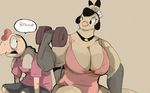  biceps big_breasts bird breasts choker cleavage clothed clothing condorito duo female male muscles muscular_female one_eye_closed pavita_pechugona seated shamelesss turkey 