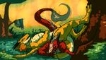  ambiguous_gender anthro couple ddraglais dragon duo forest grass green_eyes happy horn nude red_dragon scalie smile syrinoth tree western_dragon whiskers yellow_dragon 