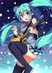  boots breasts detached_sleeves electric_guitar green_eyes green_hair guitar hatsune_miku headset instrument long_hair nail_polish necktie open_mouth plectrum racer_(magnet) skirt small_breasts solo thigh_boots thighhighs twintails very_long_hair vocaloid 