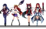  animal_ears bel black_hair blue_hair boots braids catgirl garter_belt green_eyes kirubi_san kitsune_(mm_fox) loli long_hair pixiv_fantasia purple_eyes red red_hair scarf shorts silver_knight skirt staff sword underboob weapon 