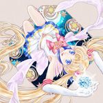  aono_rin back_bow bishoujo_senshi_sailor_moon blonde_hair blue_eyes blue_sailor_collar bow brooch crystal double_bun elbow_gloves full_body gloves jewelry long_hair maboroshi_no_ginzuishou magical_girl multicolored multicolored_clothes multicolored_skirt pleated_skirt red_bow ribbon sailor_collar sailor_moon sailor_senshi_uniform skirt smile solo super_sailor_moon tiara tsukino_usagi twintails upside-down white_gloves 