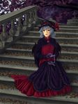  absurdres alternate_color bat_wings blue_hair brooch cherry_blossoms commentary dress fountain full_body hat highres jewelry mob_cap pocket_watch railing red_eyes remilia_scarlet sad stairs tears touhou tree u-joe watch wings 