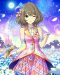  artist_request brown_hair gloves green_eyes hair_ornament idolmaster idolmaster_cinderella_girls microphone microphone_stand mole mole_under_eye official_art one_eye_closed short_hair solo star star_hair_ornament takagaki_kaede white_gloves wonderful_magic 