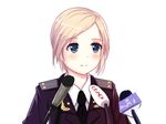  blonde_hair blue_eyes blush commentary itachi_kanade microphone military military_uniform natalia_poklonskaya necktie real_life republic_of_crimea russia short_hair simple_background solo uniform white_background 