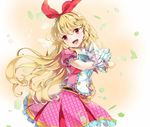  aikatsu! aikatsu!_(series) blonde_hair blush gloves hair_ornament hair_ribbon hoshimiya_ichigo long_hair microphone open_mouth puffy_sleeves red_eyes ribbon skirt smallbug smile solo very_long_hair 