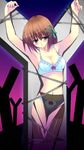  1girl aqua_eyes artist_request bdsm blush bondage bound bra brown_hair chains character_request crucifixion panties pantyhose short_hair source_request teal_eyes torn_clothes torn_pantyhose underwear 