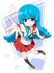  akata_itsuki black_legwear blue_eyes blue_hair character_name full_body happinesscharge_precure! heart kneehighs long_hair outstretched_hand pikarigaoka_middle_school_uniform pleated_skirt precure red_sailor_collar red_skirt sailor_collar school_uniform shirayuki_hime shoes sidelocks skirt smile solo 